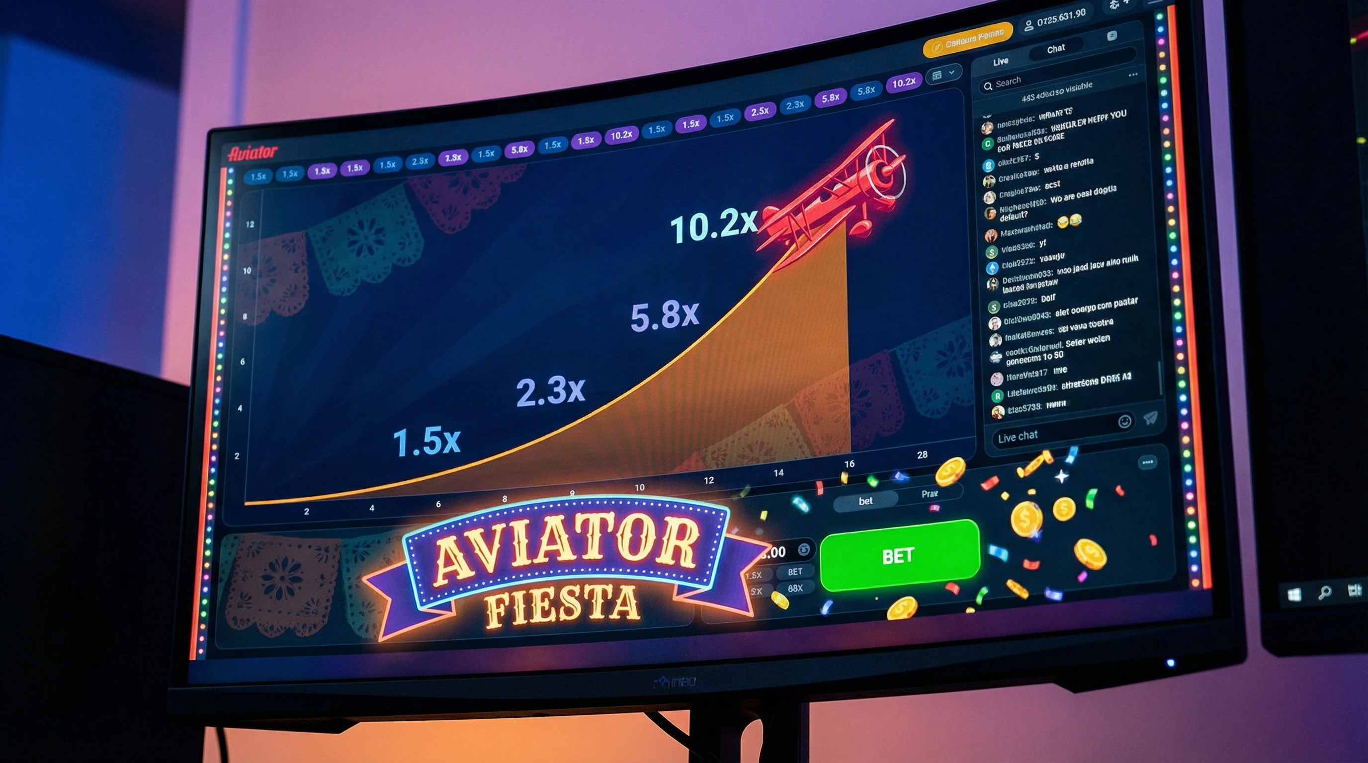 Juego Aviator con avión rojo y multiplicadores crecientes
